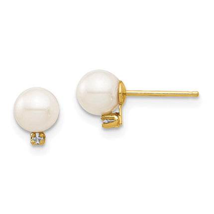 Madi K Kid's 14K 5-6mm White Round FW Cultured Pearl .02ct Diamond Post Earrings ,