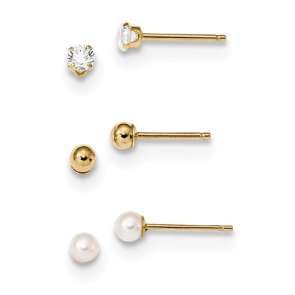 Madi K Kid's 14k Ball, CZ & Freshwater Cultured Pearl 3 Pair Earring Set ,