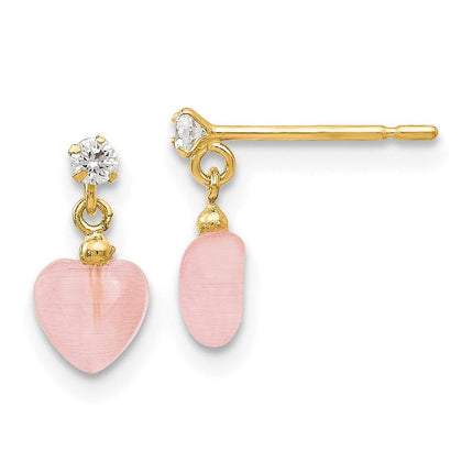 Madi K Kid's 14k  CZ and Pink Cat's Eye Heart Dangle Post Earrings ,