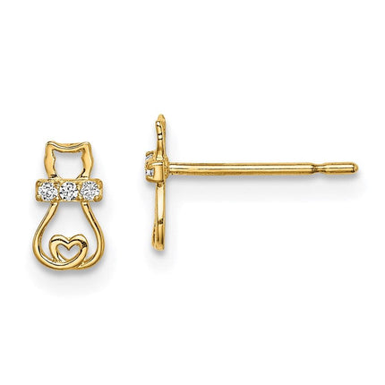 Madi K Kid's 14k  CZ Cat with Heart Tail Post Earrings ,