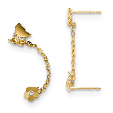 Madi K Kid's 14k CZ Double Post w/Chain Butterfly & Flower Earring ,