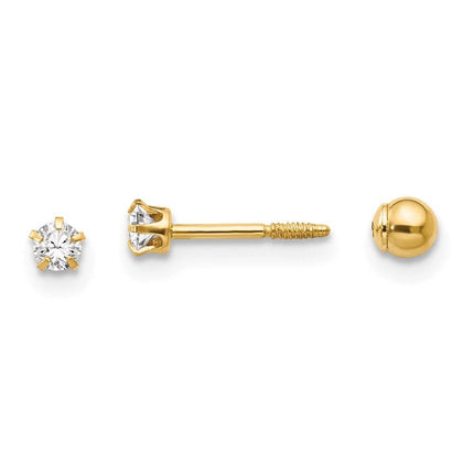 Madi K Kid's 14k Polished Reversible Crystal & 3mm Ball Earrings ,