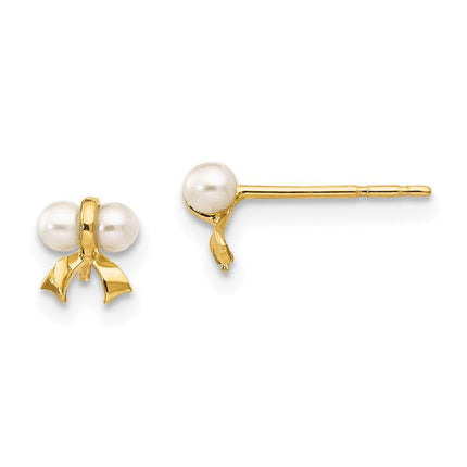 Madi K Kid's 14k White Button Freshwater Cultured Pearl Bow Post Earrings ,
