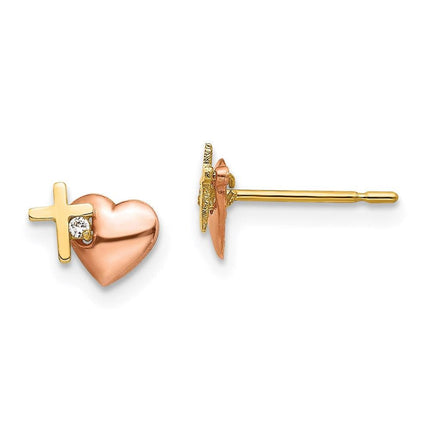 Madi K Kid's 14k Yellow & Rose Gold CZ Heart and Cross Post Earrings ,