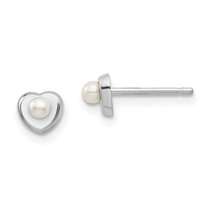 Madi K Kid's 14kw White Button Freshwater Cultured Pearl Heart Post Earrings ,