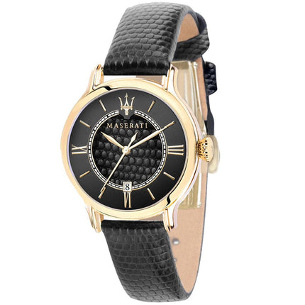 Maserati Women's Watch - Epoca Yellow Gold Case Black Leather Strap | R8851118501 ,