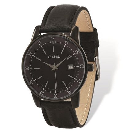 Mens Chisel Black IP-plated Stainless Silver Dial Blk Lthr Watch ,
