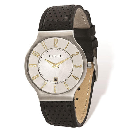 Mens Chisel Stainless Steel White Dial Black Leather Watch ,