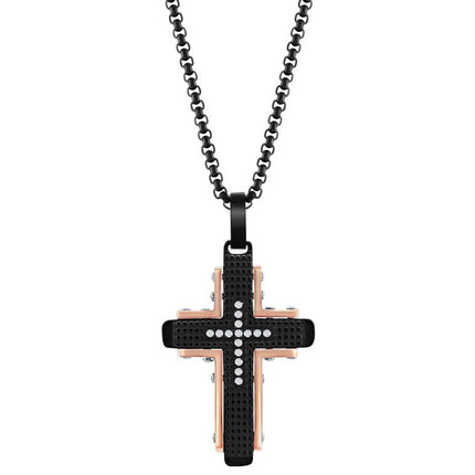 Men's Necklace - Black and Rose Stainless Steel CZ Cross Pendant | SL-7105 ,