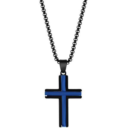 Men's Necklace - Stainless Steel Black and Blue Plated 24 inch Cross | SL-7125 ,