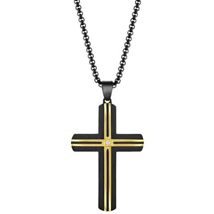 Men's Necklace - Stainless Steel Black and Gold Lined CZ Cross | SL-7129 ,