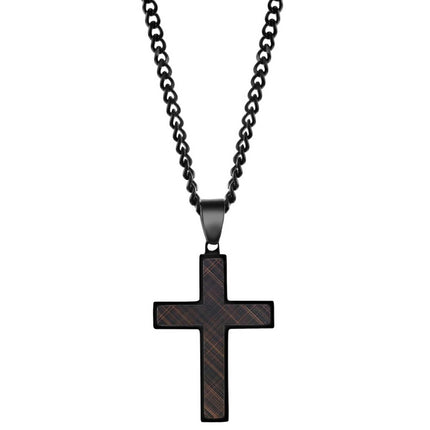 Men's Necklace - Stainless Steel Black and Lined Rose Gold Cross | SL-7118 ,