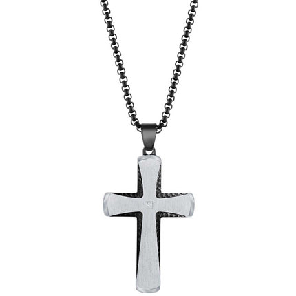 Men's Necklace - Stainless Steel Black and Silver Single CZ Cross | SL-7119 ,