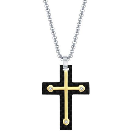 Men's Necklace - Stainless Steel Black Carbon Fiber and Gold Cross | SL-7111 ,