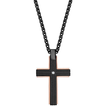 Men's Necklace - Stainless Steel Black with Rose Border Single CZ | SL-7109 ,