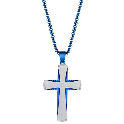 Men's Necklace - Stainless Steel Blue and Silver Single CZ Cross | SL-7120 ,