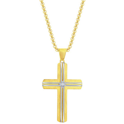 Men's Necklace - Stainless Steel Gold and Silver Lined CZ Cross | SL-7130 ,