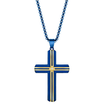 Men's Necklace - Steel Blue and YG Plated Lined White CZ Cross | SL-7131 ,