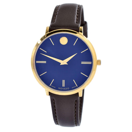 Movado 0607092 Women's Ultra Slim Swiss Yellow Gold Steel Chocolate Brown Strap Blue Dial Watch ,