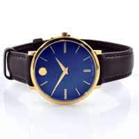 Movado 0607092 Women's Ultra Slim Swiss Yellow Gold Steel Chocolate Brown Strap Blue Dial Watch ,