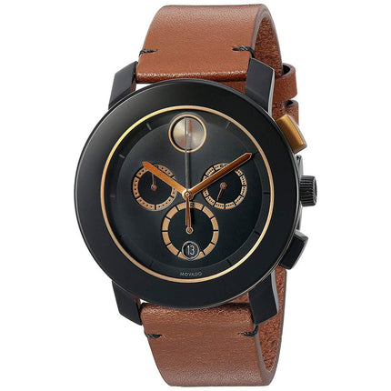 Movado Men's Chronograph Watch - Bold Black Dial Brown Leather Strap | 3600348 ,