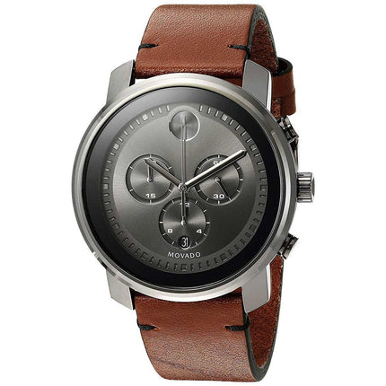 Movado Men's Chronograph Watch - Bold Grey Dial Brown Leather Strap | 3600367 ,
