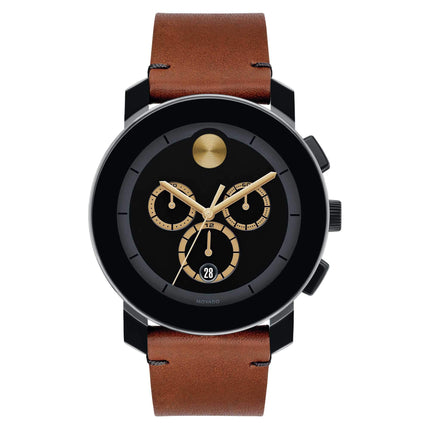 Movado Men's Chronograph Watch - Trend Black Dial Dark Brown Leather Strap | 3600540 ,