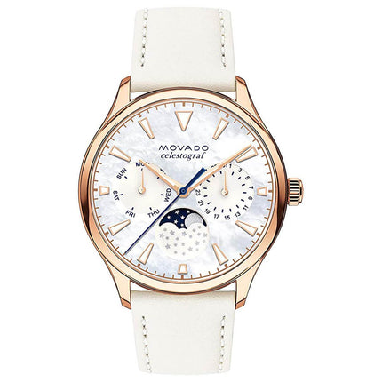 Movado Women's Moon Phase Watch - Heritage MOP Dial White Leather Strap | 3650073 ,