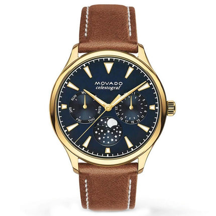 Movado Women's Moonphase Watch - Heritage Navy Yellow Gold Case Brown Strap | 3650010 ,
