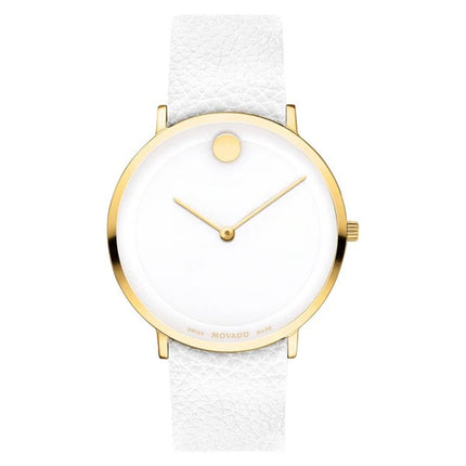 Movado Women's Quartz Watch - Modern 47 Yellow Gold Case White Leather Strap | 0607508 ,