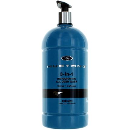 Mustang Men's 3-In-1 Body Wash - Blue Mandarin, Juniper, Cedar Fragrance Notes, 34 oz ,