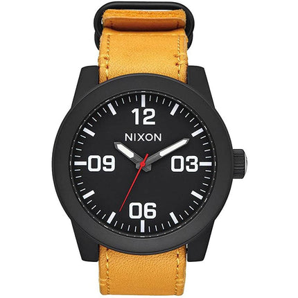 Nixon Men's Japanese Quartz Watch - Corporal Black Dial Brown Fabric Strap | A2432448 ,
