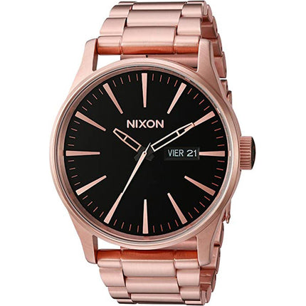 Nixon Men's Japanese Quartz Watch - Sentry Black Dial Rose Gold Bracelet | A3561932 ,