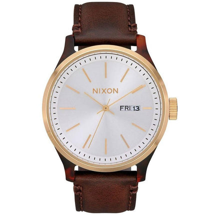 Nixon Men's Japanese Quartz Watch - Sentry White Dial Brown Leather Strap | A12633169 ,