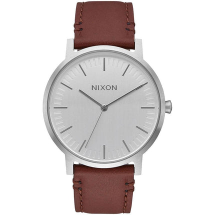 Nixon Men's Quartz Watch - Porter Leather Silver Tone Dial Brown Strap | A10581113 ,