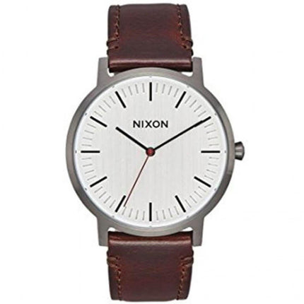 Nixon Men's Quartz Watch - Porter Leather Silver Tone Dial Brown Strap | A10582665 ,