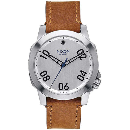Nixon Men's Quartz Watch - Ranger 40 Silver Tone Dial Brown Leather Strap | A4712092 ,