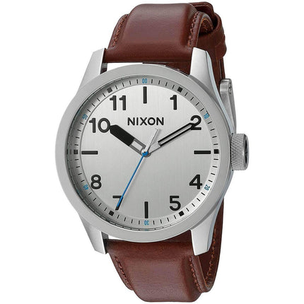 Nixon Men's Quartz Watch - Safari Leather Silver Tone Dial Brown Strap | A9751113 ,
