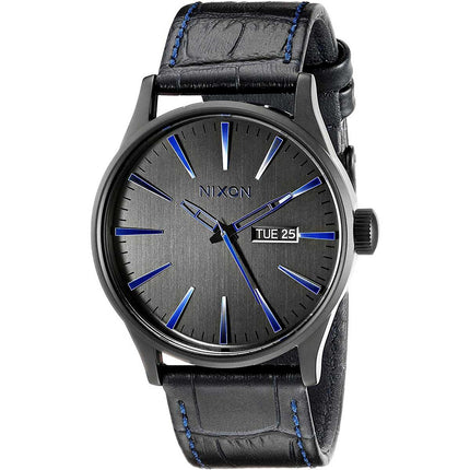 Nixon Men's Quartz Watch - Sentry Black Dial Calfskin Leather Strap SS Case | A1052153 ,