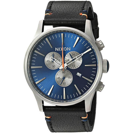 Nixon Men's Quartz Watch - Sentry Chrono Leather Blue & Silver Tone Dial Strap | A4051258 ,