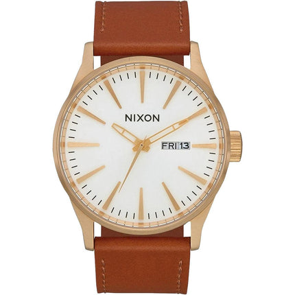 Nixon Men's Quartz Watch - Sentry White Dial Brown Calfskin Leather Strap | A1052621 ,