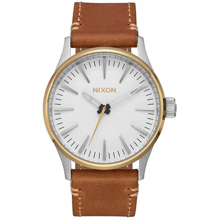 Nixon Men's Quartz Watch - The Sentry White Dial Brown Leather Strap | A3772548 ,