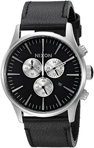 Nixon Men's Strap Watch - Sentry Chrono Leather Black & Silver Dial | A405000 ,