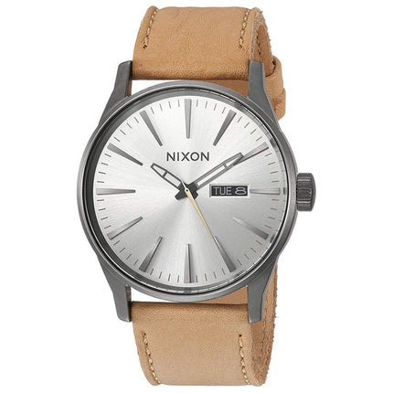 Nixon Men's Strap Watch - Sentry Leather Day-Date Silver Dial Leather | A1052741 ,