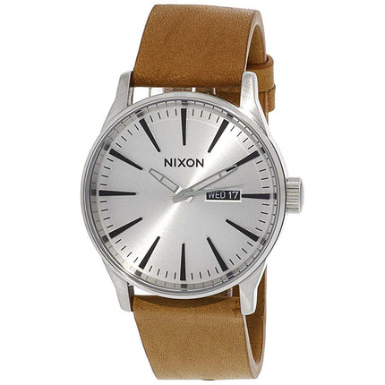 Nixon Men's Strap Watch - Sentry Leather Japanese Quartz Silver Dial | A1052853 ,