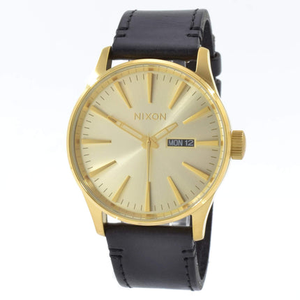 Nixon Men's Watch - Sentry Day-Date Gold Tone Dial Brown Leather Strap | A11382591 ,