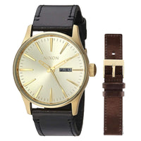Nixon Men's Watch - Sentry Day-Date Gold Tone Dial Brown Leather Strap | A11382591 ,