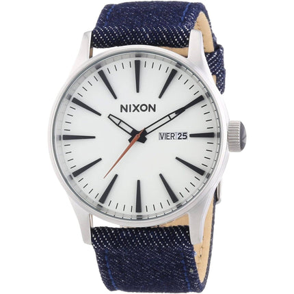 Nixon Men's Watch - Sentry Day-Date White Dial Blue Leather Strap Quartz | A1051540 ,
