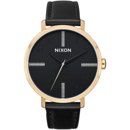 Nixon Women's Quartz Watch - Arrow Black Leather Strap Yellow Gold Case | A10912879 ,