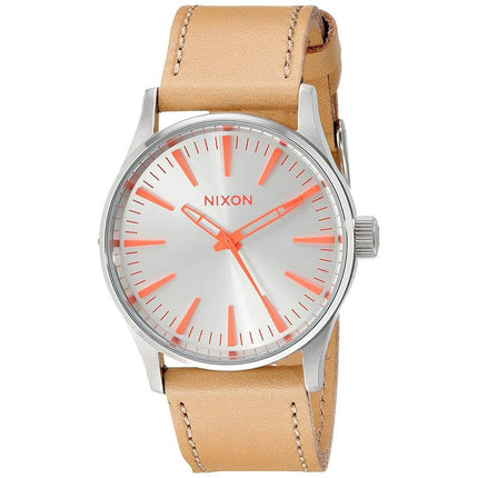 Nixon Women's Quartz Watch - Sentry 38 Silver Tone Dial Beige Strap | A3772089 ,